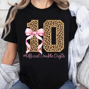 Girls' 100% Cotton Comfortable T-Shirt - Leopard Print with Pink Bow, Round Neck Short-Sleeve Fabric Tee, Casual Wear for 10th Birthday Party, Outdoor Beach Use, Tropical Design with Great Fit