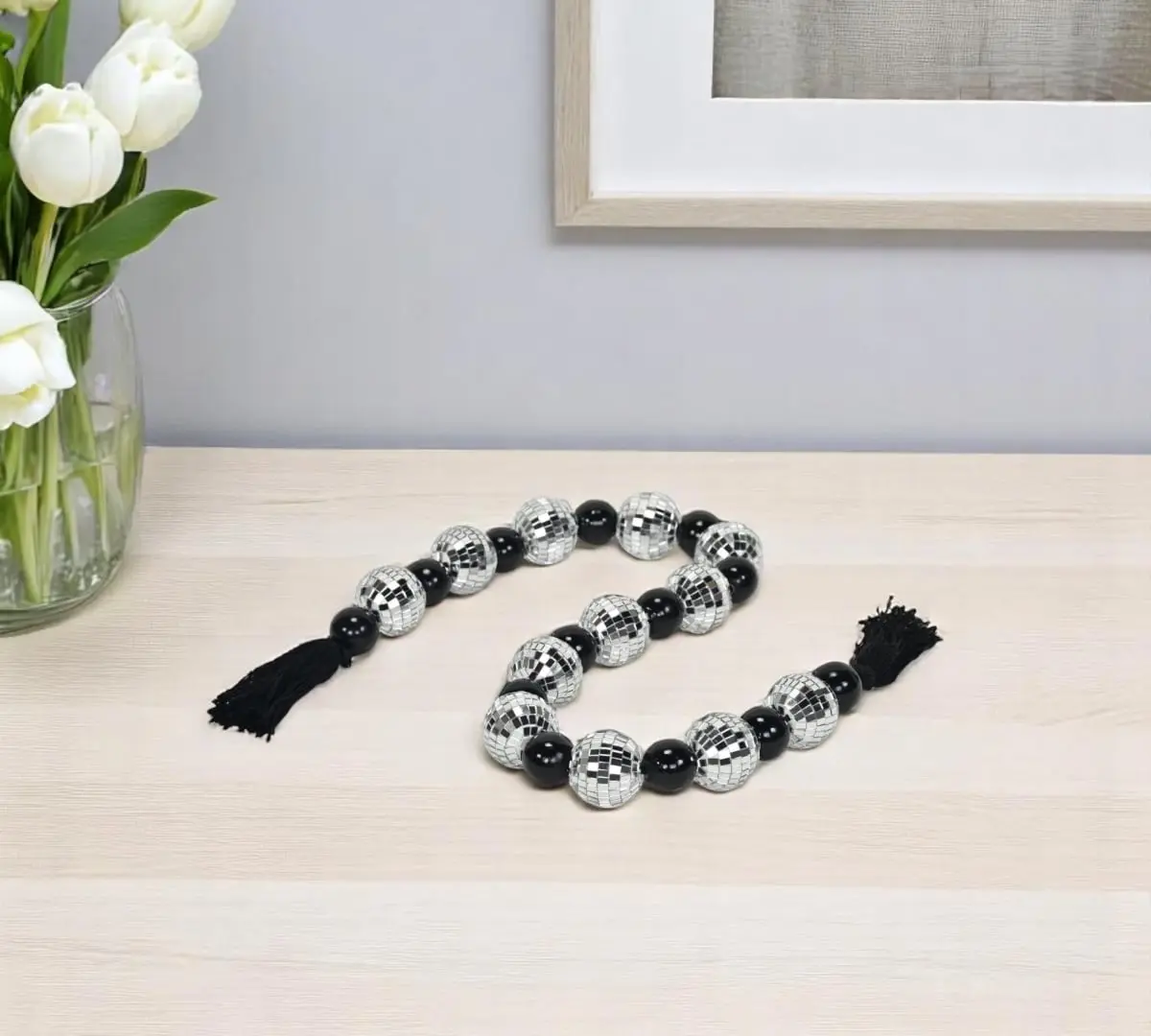 360 Stand 48 in. Black & Silver Hand-Painted Glossy Bling Beads Decorative Tassel - Hangable Home Decor Decoration, Room Tabletop Sculpture, Garland Ornament with Modern Vibe, Ideal Gift, Hanging, Wood, Shimmering Hanging Decor, Funky Hanging Decor