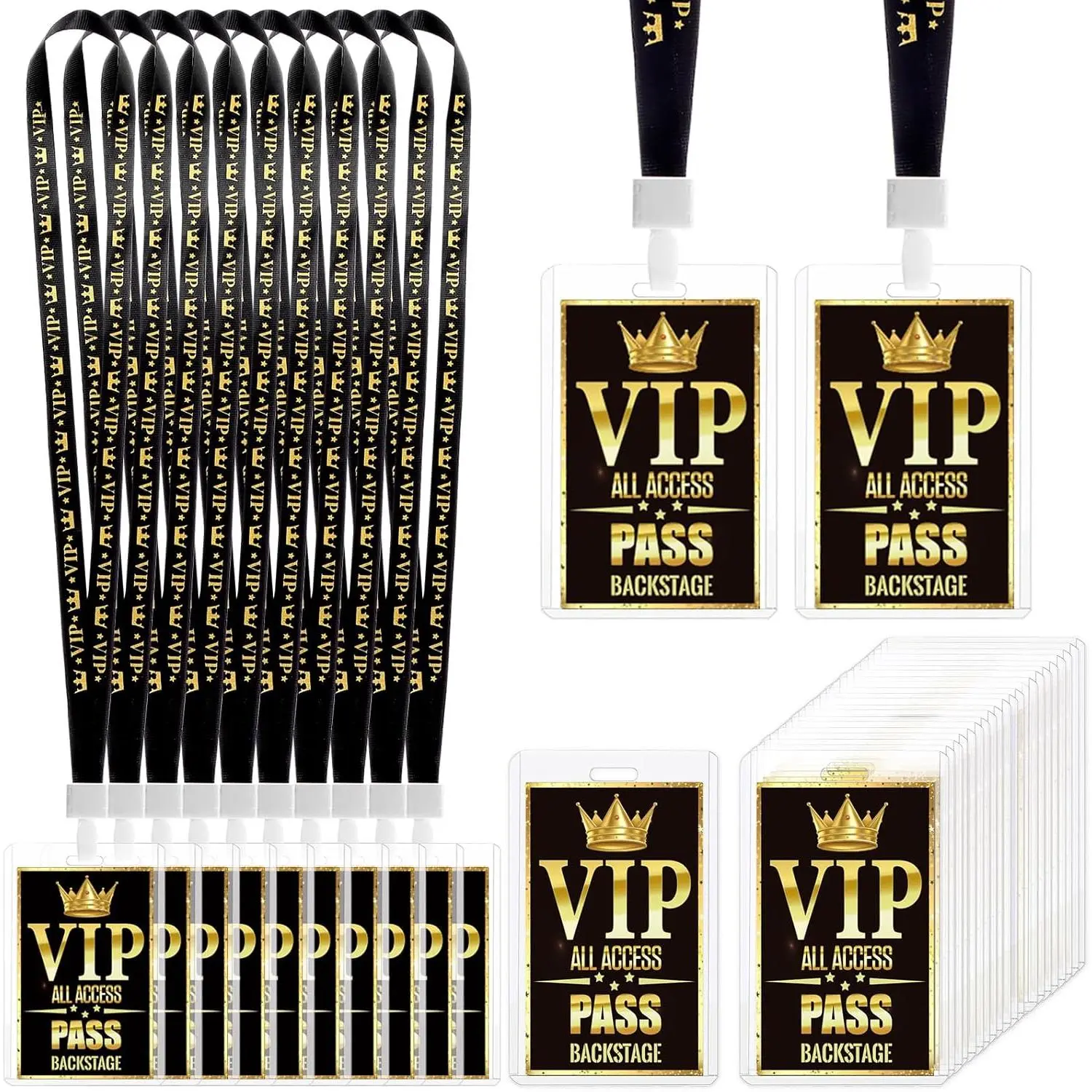 50 Sets VIP Badge Lanyards Plastic Clear VIP Backstage Passes Safety Cards with Black Breakaway Lanyard Bulk for Concert Event Birthday Award Movie Night Party Organizer