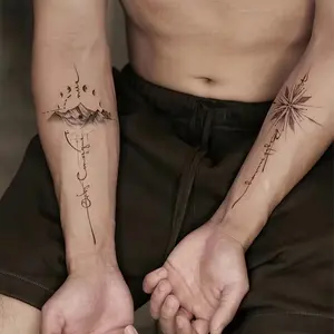 6 Large Herbal Tattoo Stickers, Containing 1 Piece of Mountain Elements and 5 Pieces of Random Style, Lasting 7-15 Days, Waterproof and Anti-Friction, Realistic Effect, Suitable for People Who Don't Want Tattoo Pain