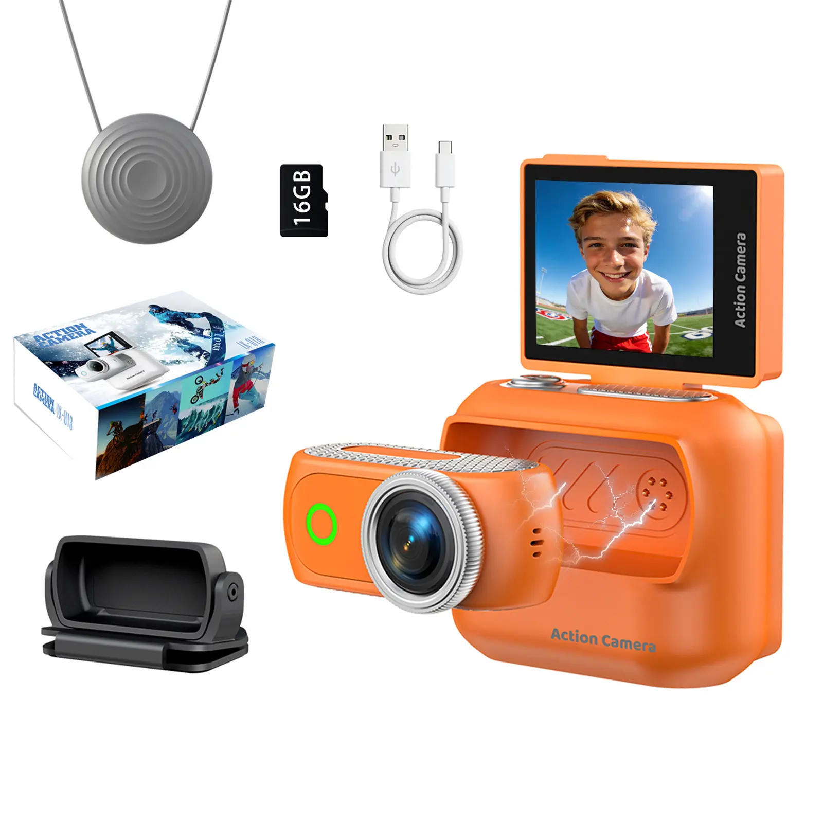 SpecHarge 4K Action Camera Magnetic Kit with Neck Strap Detachable Live View Monitor First-Person Vlog Set Cap Magnetic Accessory for Outdoor Use 16GB Memory Card Included