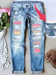 Women's Patch Ripped Distressed Mid-Waist Boyfriend Fit Washed Cute Print Loose Denim Jeans Pants Patchwork Elastic Waistband Breathable Comfy for All Seasons