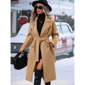 2025 Autumn–Winter women’s thick wool coat with a turn-down collar, mid-length, casual full sleeves, double-breasted design, and pockets, made from blended wool