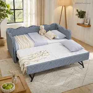 Twin Size Upholstered Curved Headboard Gingham Plaid Daybed - Cozy Linen Fabric Sofa Bed with Trundle, USB Port, Wave Shape, Navy, No Box Spring Required