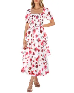 BTFBM Women's Square Neck Smocked Dress with Puff Short Sleeve Floral Casual Ruffle Tiered Wedding Guest Dress