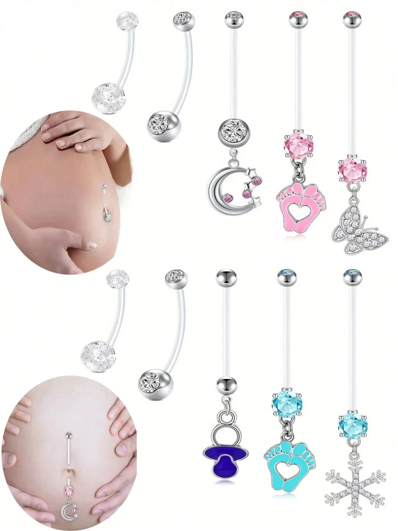 Rhinestone Decor Belly Button Nails, Transparent Acrylic Long Belly Rings, Fashion Feet Pendant Belly Piercing Jewelry for Women & Girls, Pregnancy Piercing Jewelry, Body Piercing Jewelry, Body Jewellery