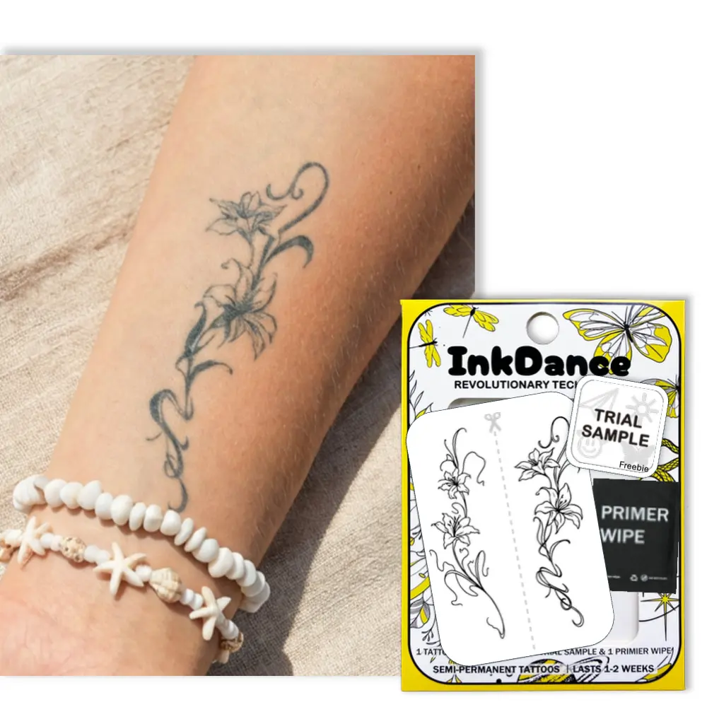 InkDance Semi-Permanent Temporary Tattoo Set of 2 (X225), Lily Fine Line Art, Waterproof Plant-Based Temporary Tattoo Ink, All Skin Types, 1-2 Weeks Long Lasting, 24-Hour Color Development