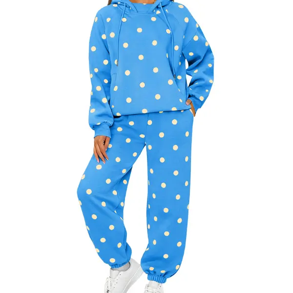 Fisoew Women's Polka Dot Tracksuit, Casual Loose Fit French Terry 2-Piece Loungewear Set with Raglan Sleeve Hoodie and Joggers, Casual Loose Tracksuit, 2 Piece Sets, Burgundy, Raglan Sleeves, Side Pockets, Light Pink, Comfy Sets