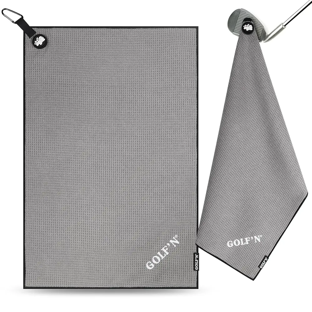 Golf'N Microfiber Magnetic Towel for Golf Bags - Dark Gray 16" x 24" with N52 Magnets, Carabiner Clip & Reinforced Loop