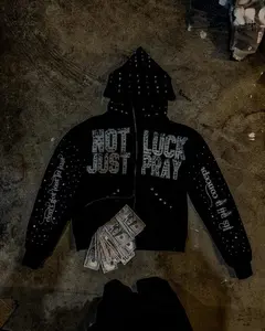 Streetwear Rhinestone Hoodie Not Luck Just Pray Graphic Zip Up Jacket Casual Fabric Long Sleeve Pullover Crewneck Menswear Athletic Classic Oversized Jumper