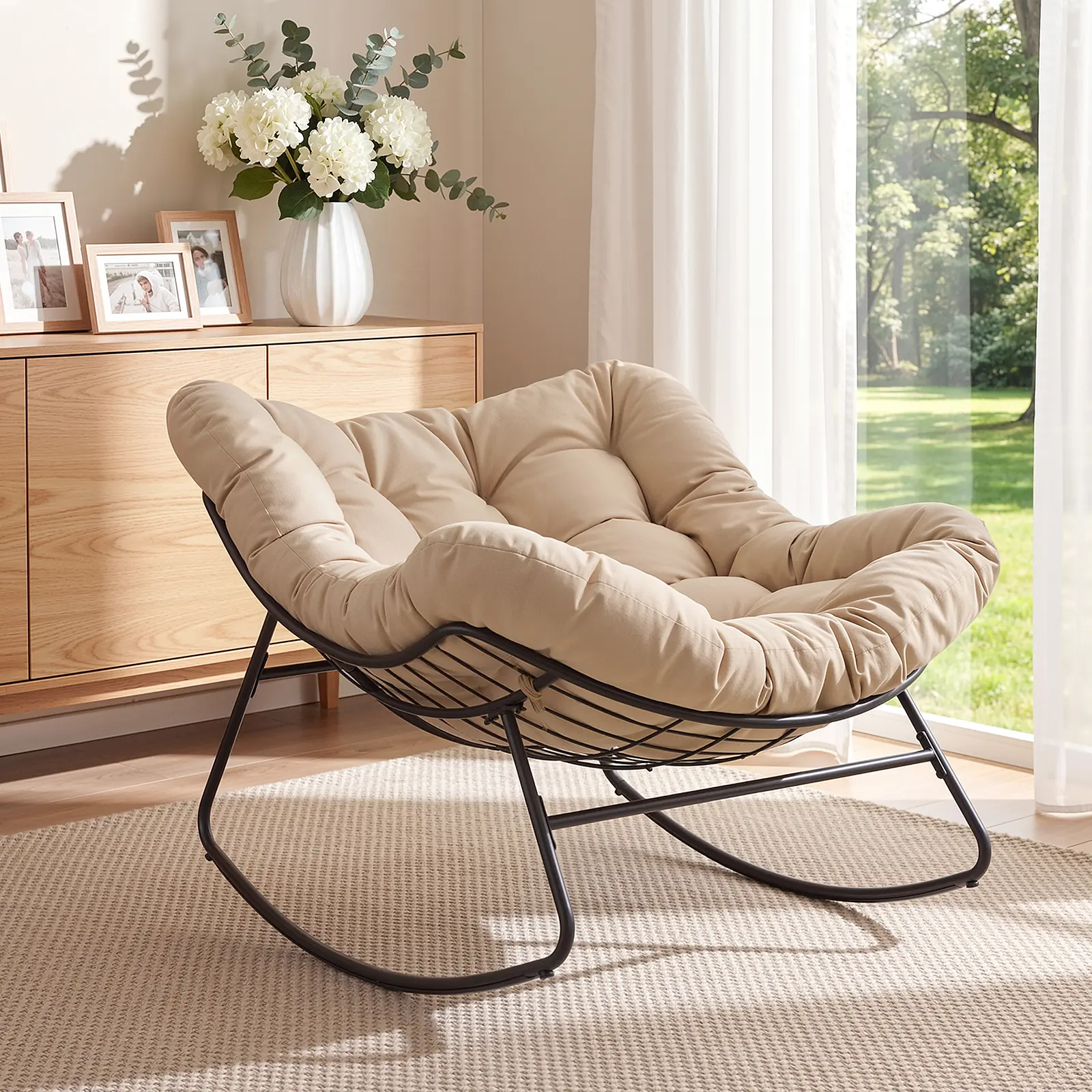Papasan Rocking Chair Outdoor/ Indoor, Oversized Rocking Chair with Thickened Cushion, 450 lbs Large Comfy Egg Chair Indoor,Cozy Lounge Reading Glider Chair for Bedroom, Blue