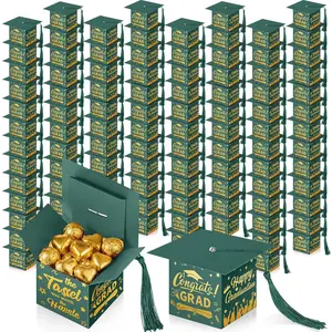 Crtiin 100 Pcs Graduation Candy Boxes with Tassel Graduation Party Favors 2026 Graduation Gifts Graduation Decorations Grad Cap Candy Box for Candy Biscuit Chocolate Supplies (Green and Gold)