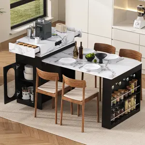Extendable Dining Table with Folding Tabletop & Power Outlet, Kitchen Island on Wheels with Drawers & Hooks, Multi-Functional Sideboard for Kitchen & Dining Room