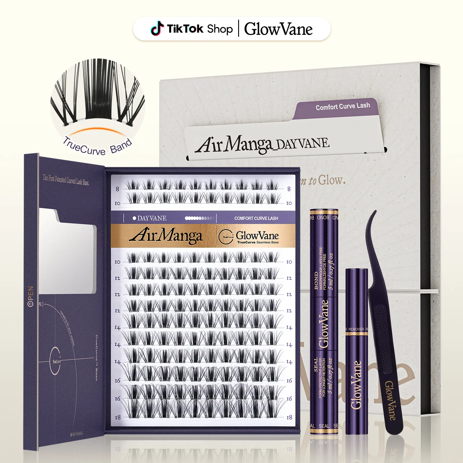AirManga | GlowVane TrueCurve Lash Clusters Kit Fairy Spikey 0.03mm Curved Band Soft Lightweight 8-18mm DD Curl DIY Lash Extensions for Beginners