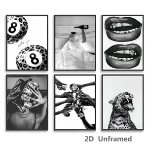 Set of 6, Black and White Leopard Print Dorm Wall Art—Cheetah Canvas Prints, Combining College-Style Aesthetics with Minimalist Fashion, Girly Retro-Avant-Garde Home Decor, Frameless 2D Canvas Art