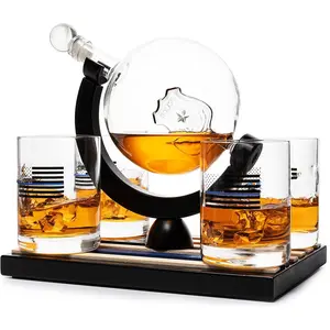 Police Officers Decanter - Whiskey and Wine Set 850ml & Four 10oz Glasses, Thin Blue Line Flag Base - Law Enforcement & Police Academy, Gift Set First Responders! Gifts for Dad