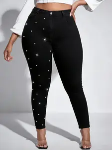 [Plus Size] Solid Decor Denim Jeans, Fashion Casual Comfy Medium Streach Skinny Jeans for Daily Outdoor Wear, Women Plus Clothing Pants for All Seasons, Womenswear, Trouser