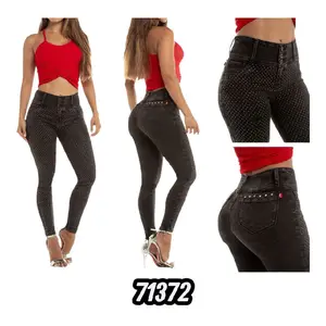 Jeans Colombian Dark Grey High-Waist Rhinestone-Embellished Skinny Jeans with Push-Up Effect & 3 Buttons for Women's Summer Wear - Womenswear, Fashion Fit Slim Waisted Bottom Denim Pants Basic Pockets