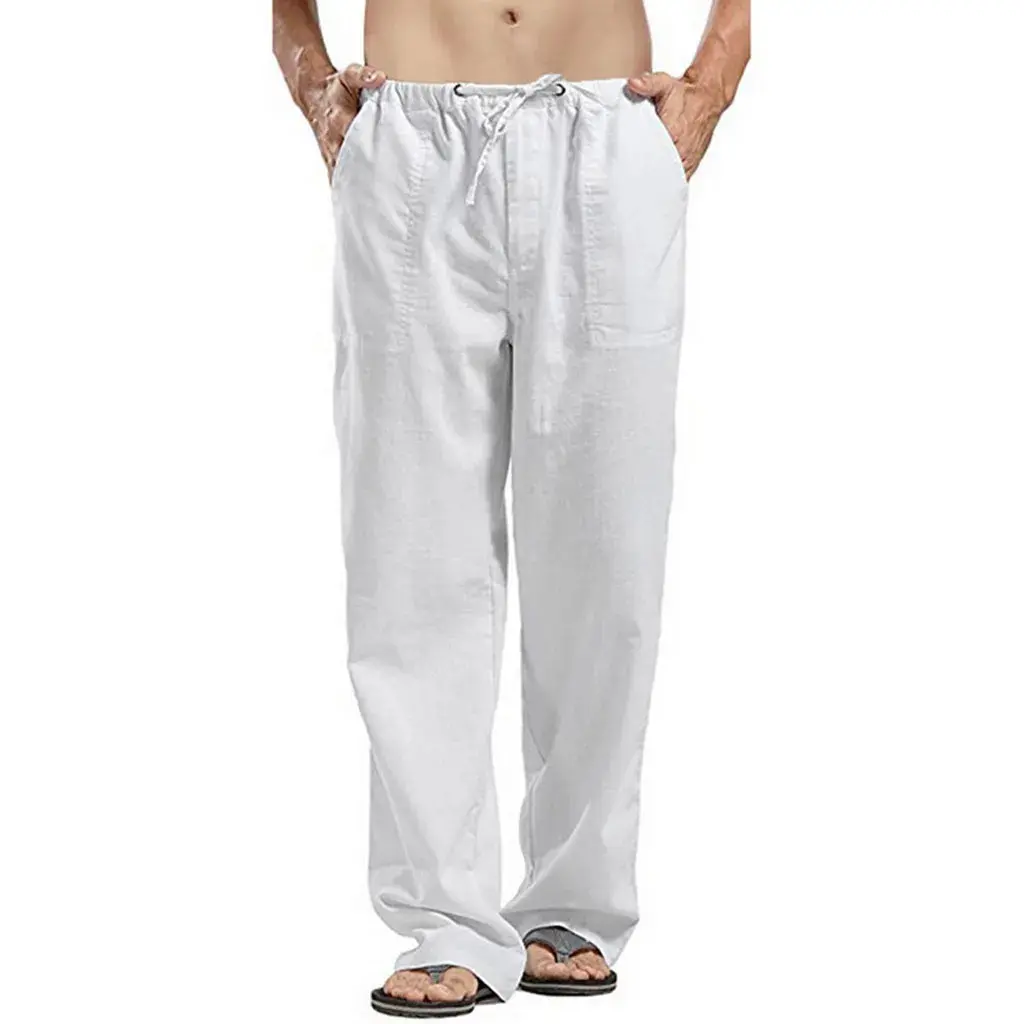 Men's Casual Cotton-Linen Woven Straight Cut Trousers - Plain, Breathable, Elastic Waist Menswear Pants for Summer Sports, Spring, XXL Casual Comfy Trouser