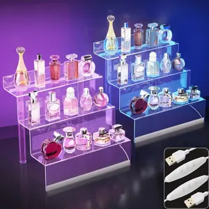 12” Acrylic Display Organizer with LED Light - 3 Tier Perfume Stand and Display Step Shelves Holder, Cologne Organizer for Men, Figures Stand, Porta Perfumes Para Tocador, Clear Riser, 2 Pack Stands