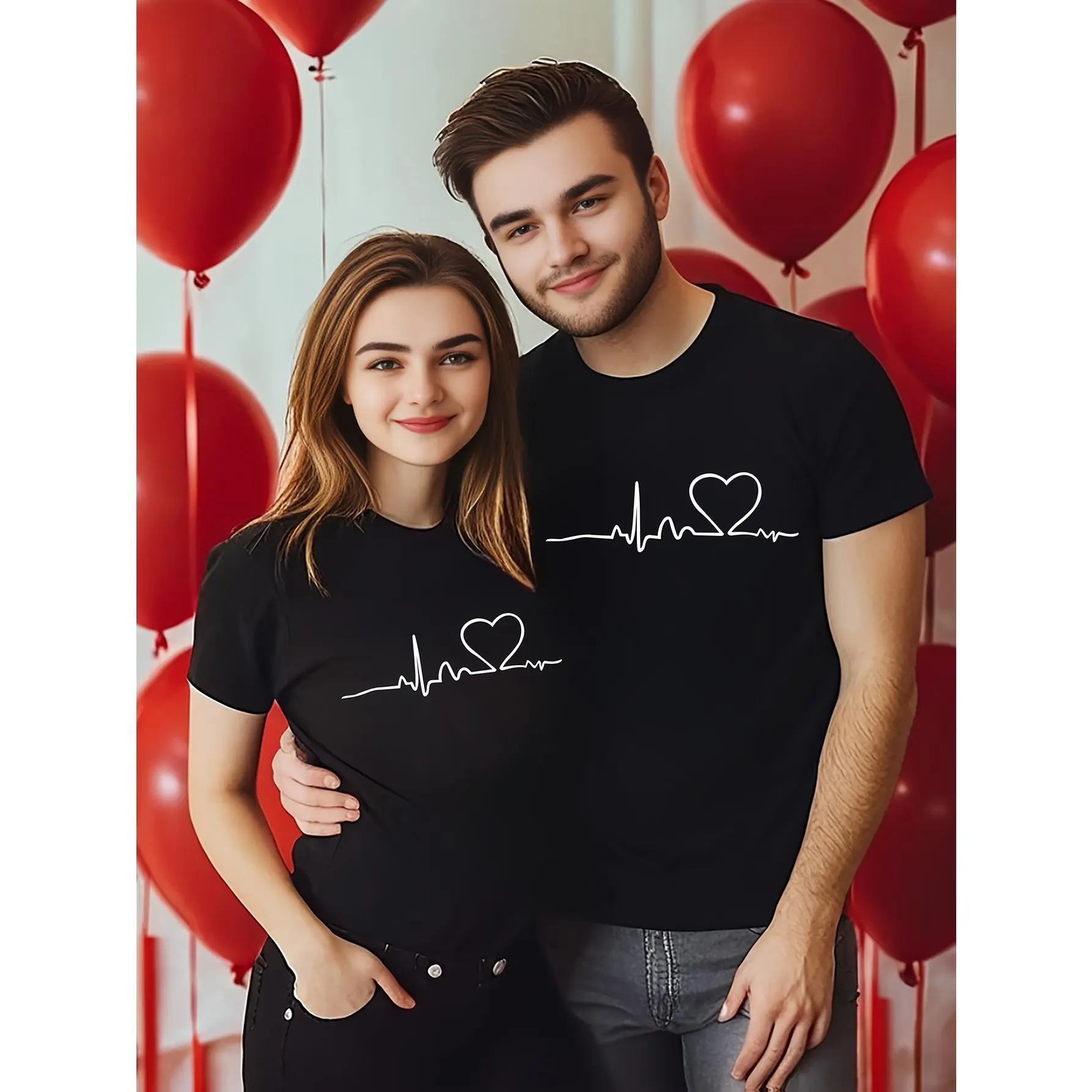 Couples' Loose Comfy Round Neck Short-Sleeve Sports Tops with Heartbeat Circuit Diagram Print, Basic Casual Undershirts, Ideal Valentine's Day Gift for Him and Her