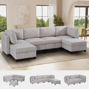 Modern U-Shaped Modular Sectional Sofa with Chaise, Storage, Solid Wood Frame, Ottoman - 4-8 Seat Convertible Indoor Living Room Furniture Set for Apartment Decor, Studio Use, Blue Stripe, Furniture For Apartment