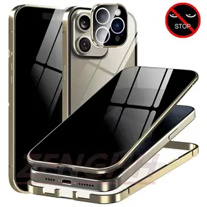 Suitable for IPhone 16 15 14 13 Pro Max Metal Frame Privacy Anti Peeping Glass Camera Lens Protection Double Button Phone Case