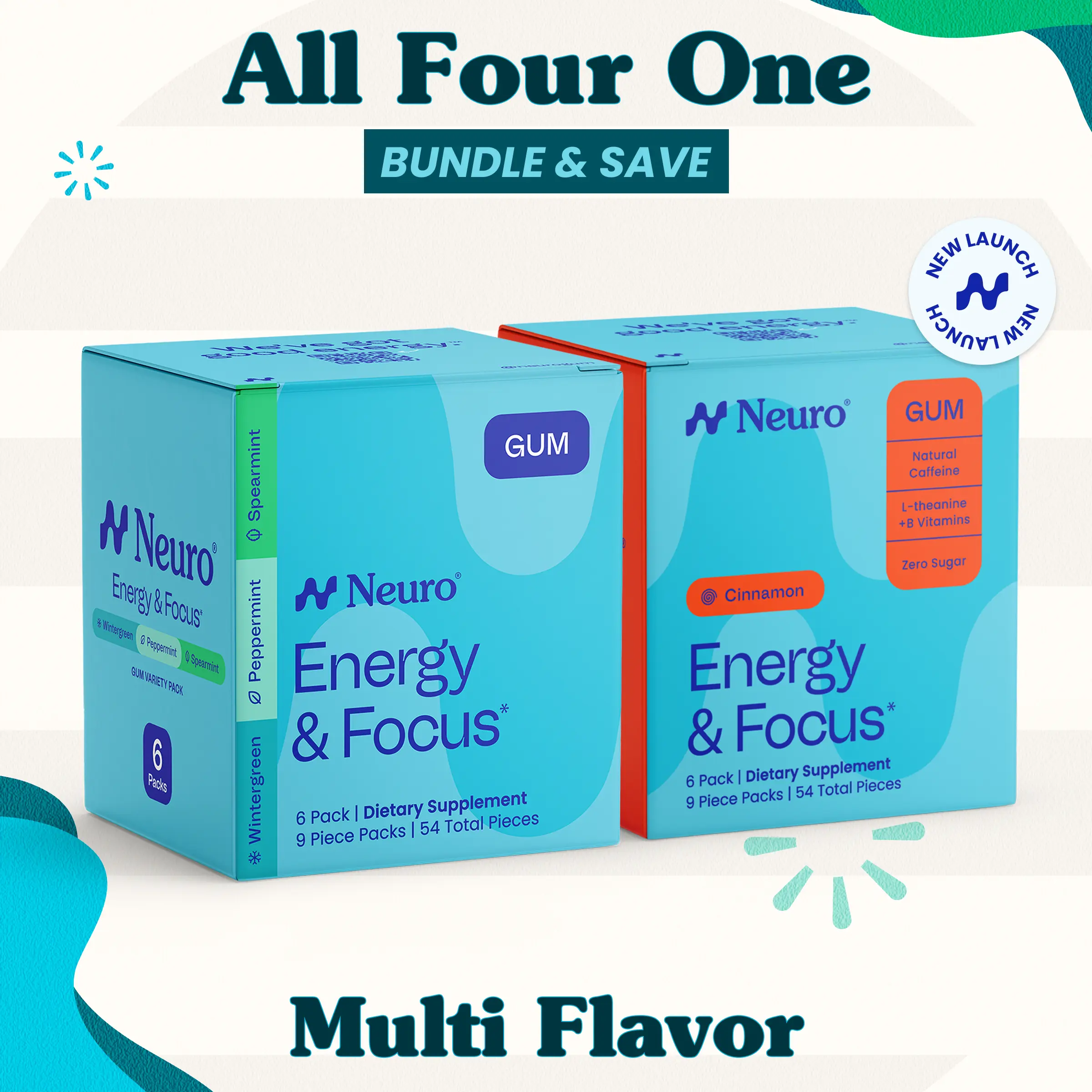 All Four One Bundle - Energy & Focus Caffeine Gum - Multi Flavor (108 Pieces)