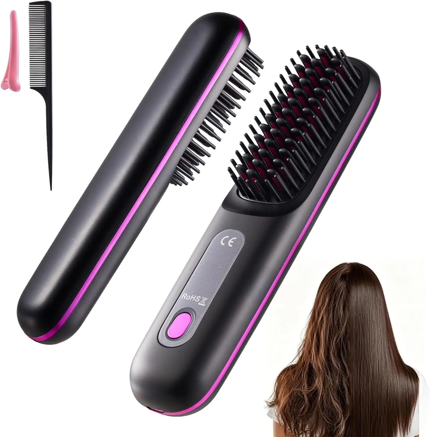 Rechargeable Cordless Mini Hair Straightener Brush, Lightweight Portable Straightening Comb, Rapid Heat Ionic Ceramic Smooth Hair Styling Tool with Adjustable Temperature for Travel