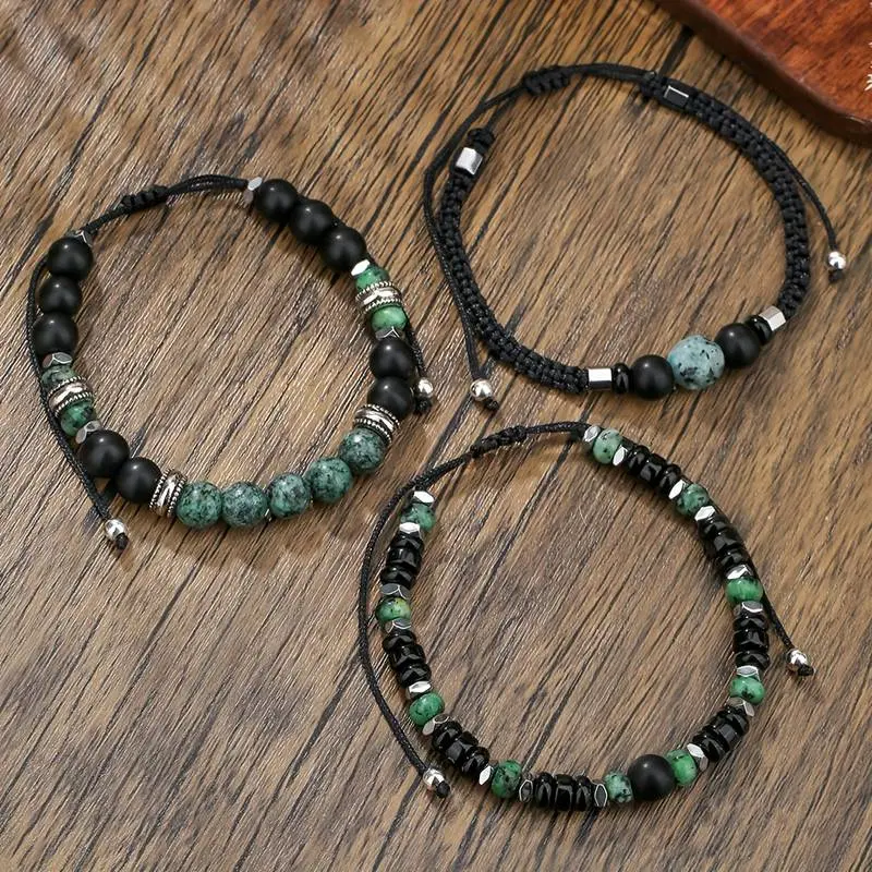 Men’s 3pcs Beaded Bracelet Set - Turquoise, Black Onyx Elastic Stackable Bohemian Bracelets, Casual Wear, Gift for Valentine’s Day, Earth Tone Costume Jewelry Accessory
