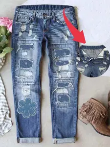Women's Patch Ripped  Distressed Stretchy Waistband Boyfriend Unique Patchwork Geometric Heart Print Mid-Waist Jeans Fitted Denim Pants Woman's Casual Daily Wear Comfy for All Season