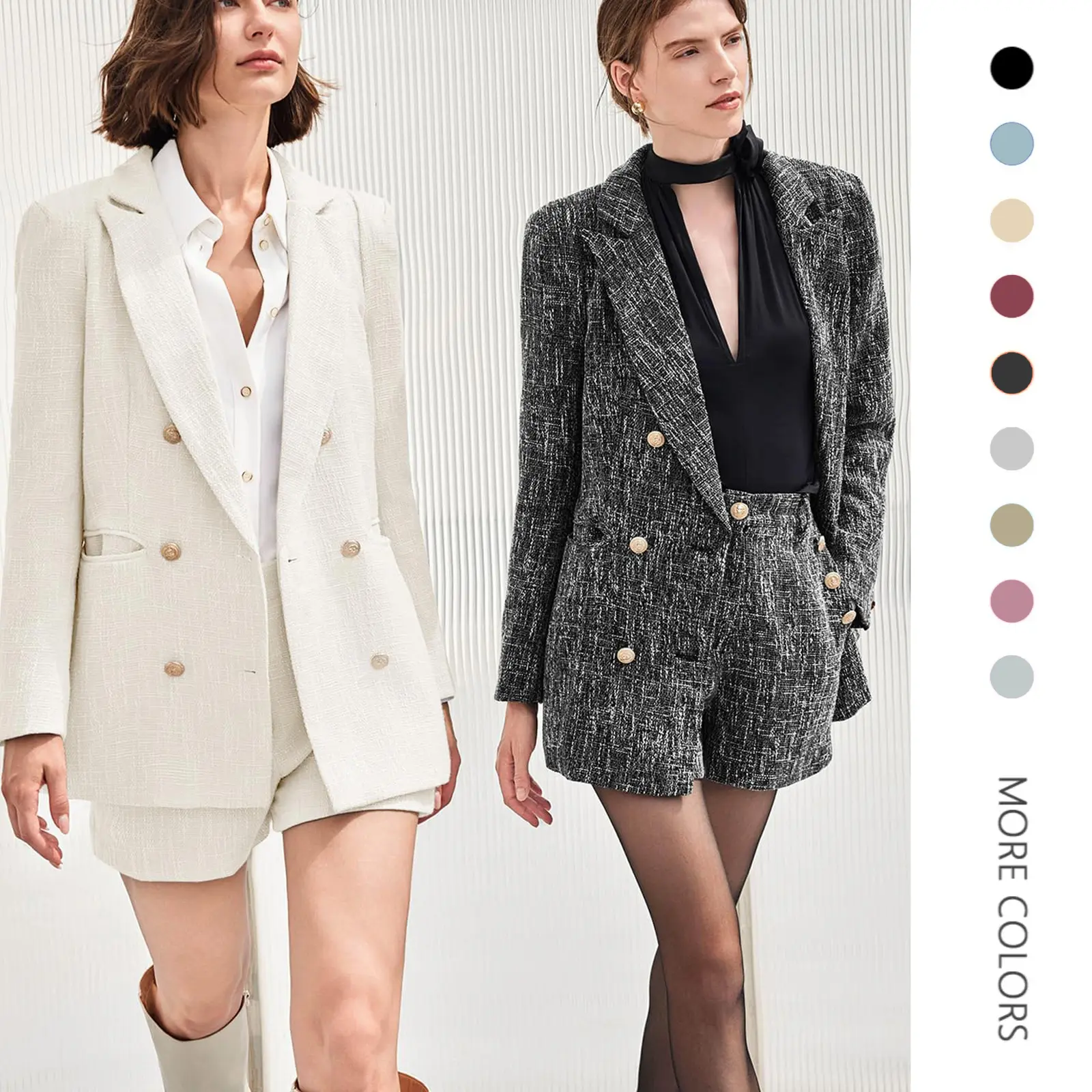 Danedvi Women's Solid Tweed Fabric 2-Piece Shorts Set, Long Sleeve Double-Breasted Button-Up Blazer with Fitted Cut for Business Wear, Soft