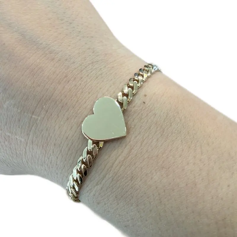 14KT Gold Heart Plaque Bracelet 4.5mm Greek Outline, Cuban Link - Free Custom Laser Engraving