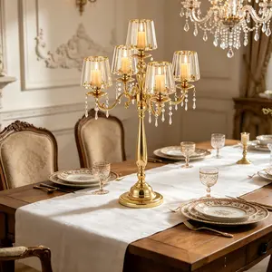 VINCIDERN 32.9in 5-Arm Gold Floor Candelabra With Glass Cups & Crystal Pendants Luxury Table Centerpiece Candle Holder for Wedding Reception Home Decor