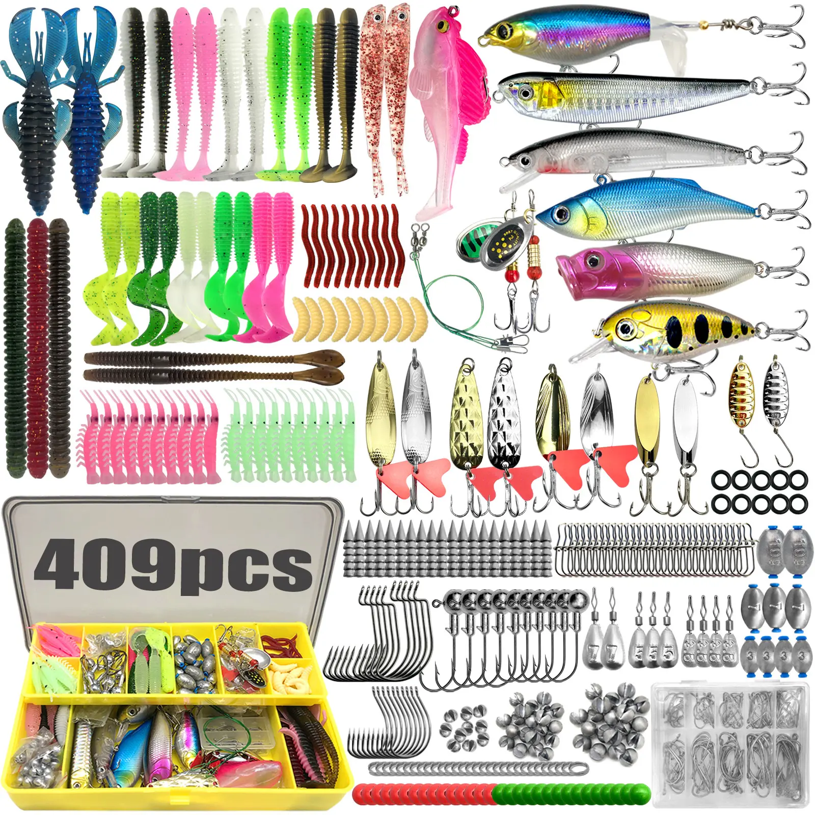 Freshwater Fishing Tackle Starter Kit - 409/193/133/105/83 Pcs Set Including Spinnerbaits, Crankbaits, Jig Heads, Sinkers, Hooks and Carry Case