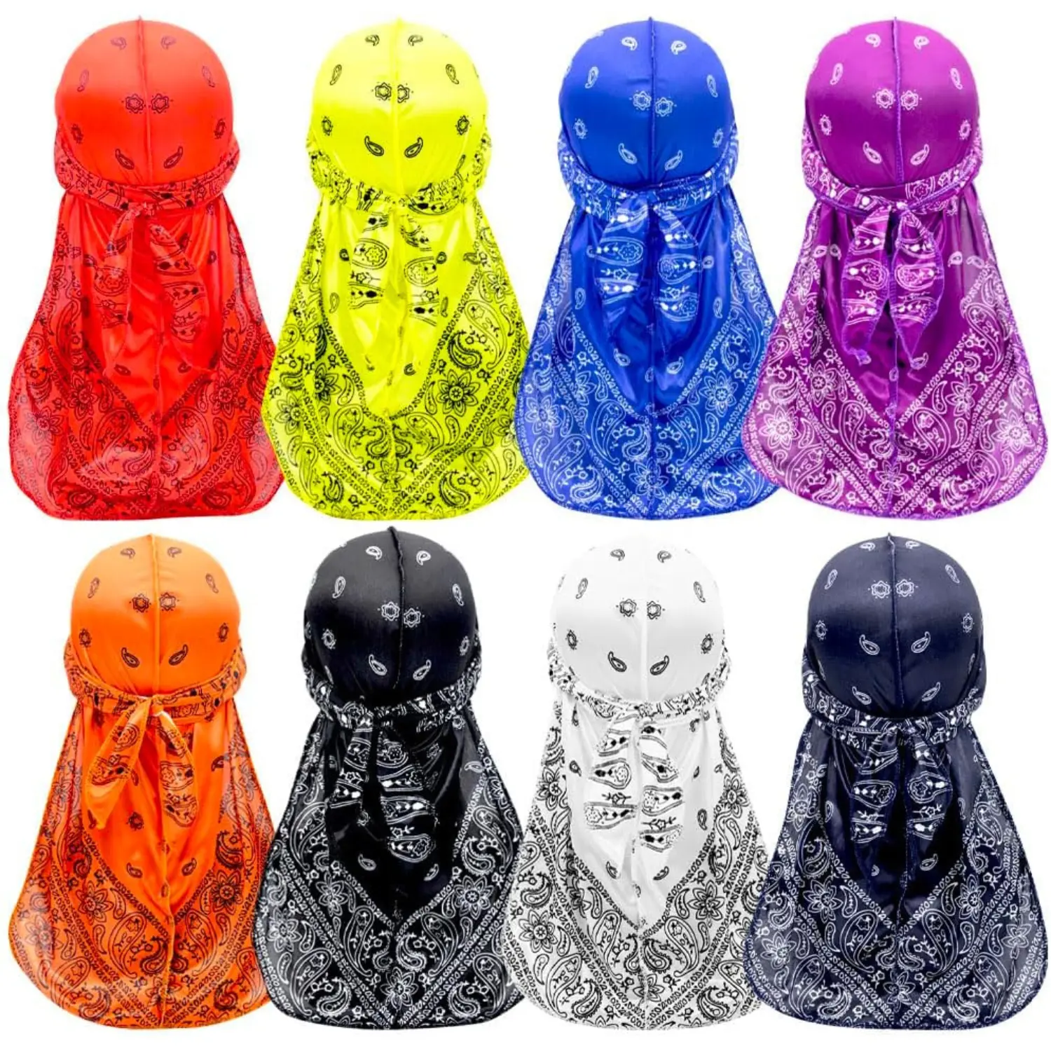 8 Pack Silky Durags Long Tail Head Wraps for Men Women