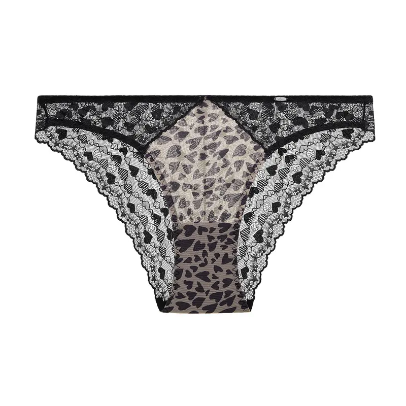 Lacsper Love Leopard Heart Print Lace Panties for Women Plus Size Leopard Mesh Mid-Rise Briefs Flirty Matching Lingerie