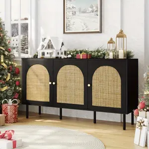 56" Fluted Door Sideboard Buffet - Black 3-Door Storage Cabinet with Fixed Shelves, MDF & Metal Build, Perfect for Kitchen, Living & Dining Room