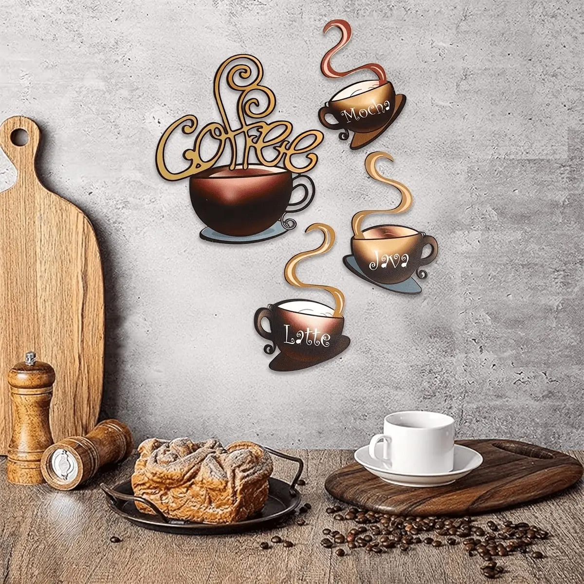 4 Piece Vintage Metal Coffee Cup Wall Art, Home Aesthetic Wall Decor, Rustic Iron Hanging Coffee Theme Decoration, Kitchen, Bar, Cafe, Restaurant Decor, Gift for Coffee Lovers, Decoration Items