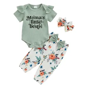 Mama's Little Bestie Baby Girl Clothes Newborn Outfit Infant Romper Floral Pants Set Headband Cute Newborn Going Home Outfit 3PCS