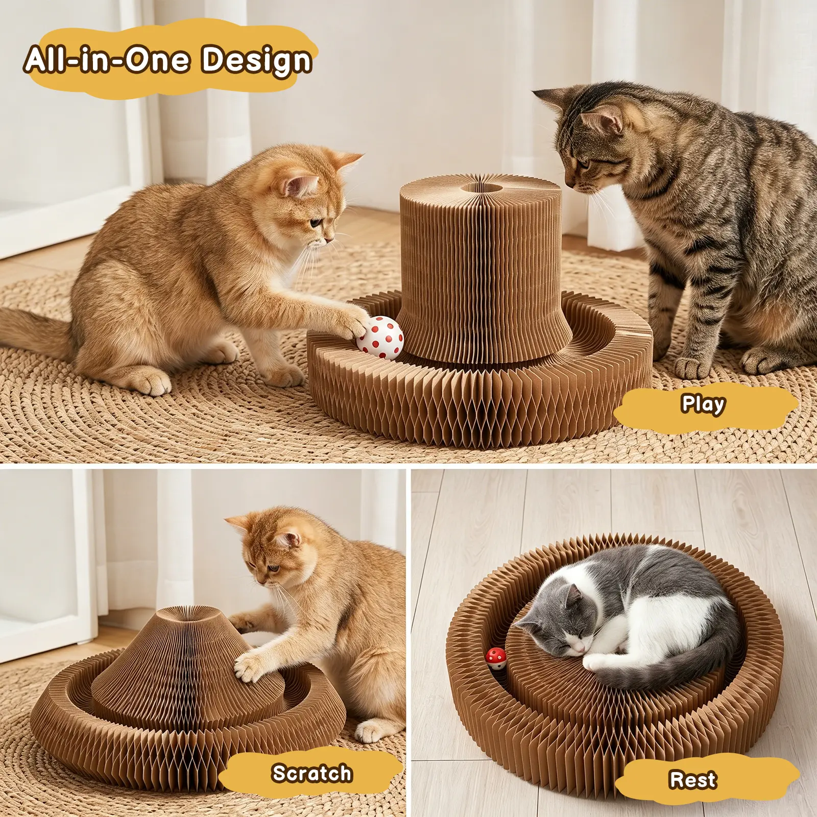 Multi-Form Foldable Accordion Cat Scratching Post, Transformable Cat Furniture Equipped with Interactive Trackball Toy to Relieve Cat Boredom & Sharpen Claws