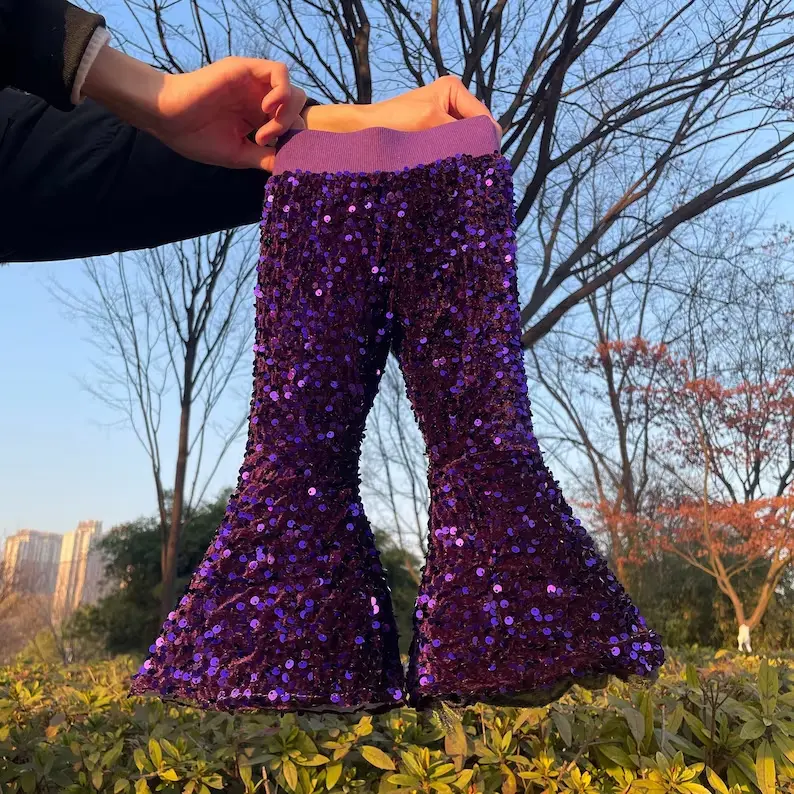 Baby Girl Purple Sequin Bell-Bottom Toddler Pants, Mardi Gras Party Wear Bottoms for Kids' Fashion, Child-Sized Girls' Casual Pants, Fitted Waist, Slight Stretch