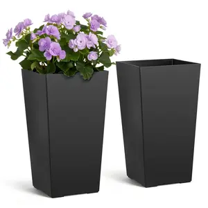 【Summervibes】VEVOR Tall Planters Set of 2, 22 Inch Large Outdoor Taper Planters for Outdoor Indoor Plants, Front Porch Plastic Modern Flower Pots with Casters, Inner Pot & Drainage Holes for Patio, Garden, Black