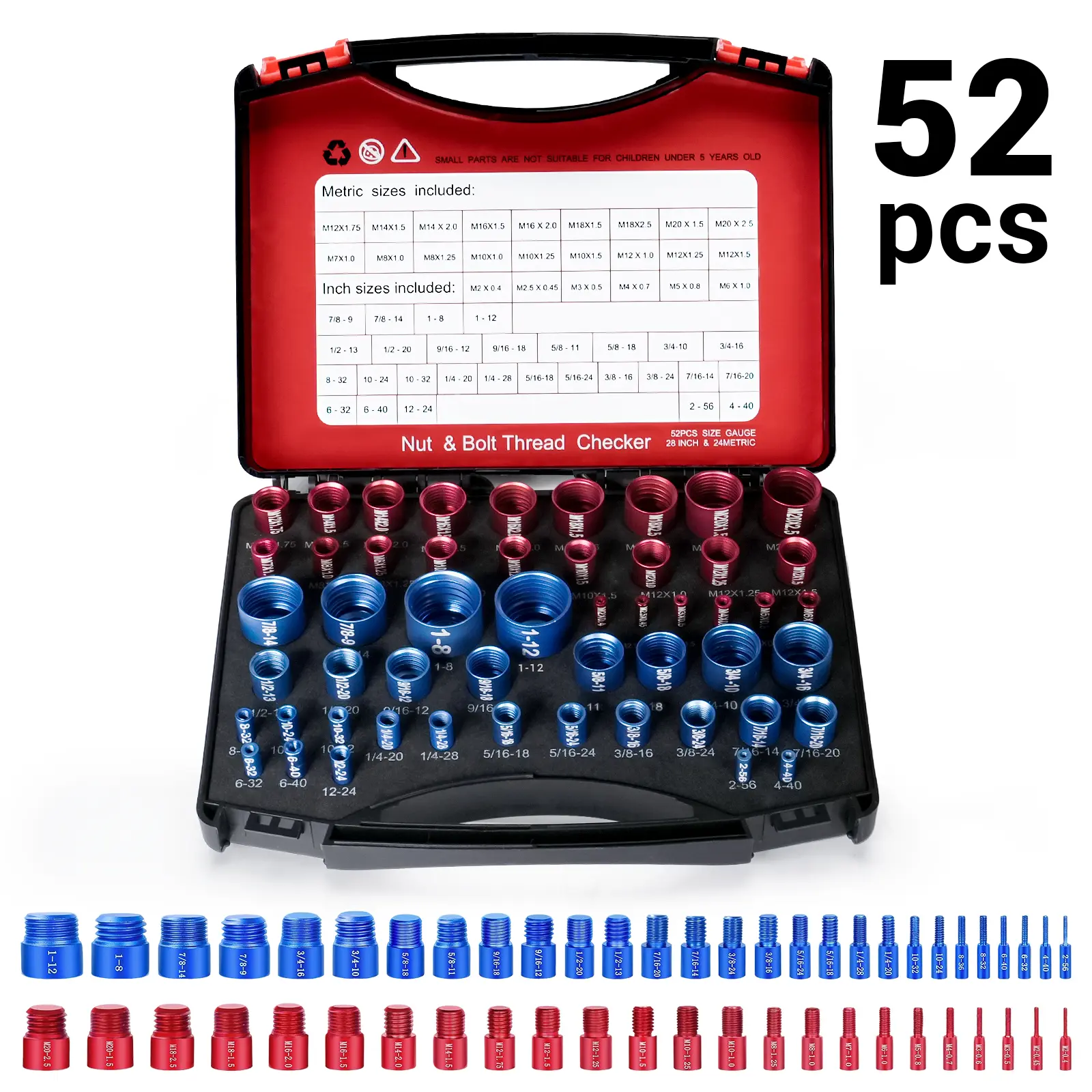 52Pcs Alloy Nut and Bolt Thread Inspector Charge-Free Thread Gauge Metric SAE Size Identification Tool for Inspection of Fixed Bolts or Threaded Holes Multi-Size Nut and Bolt Identifier with Ruler Durable Washable Aluminum Gauge Industrial Measurement