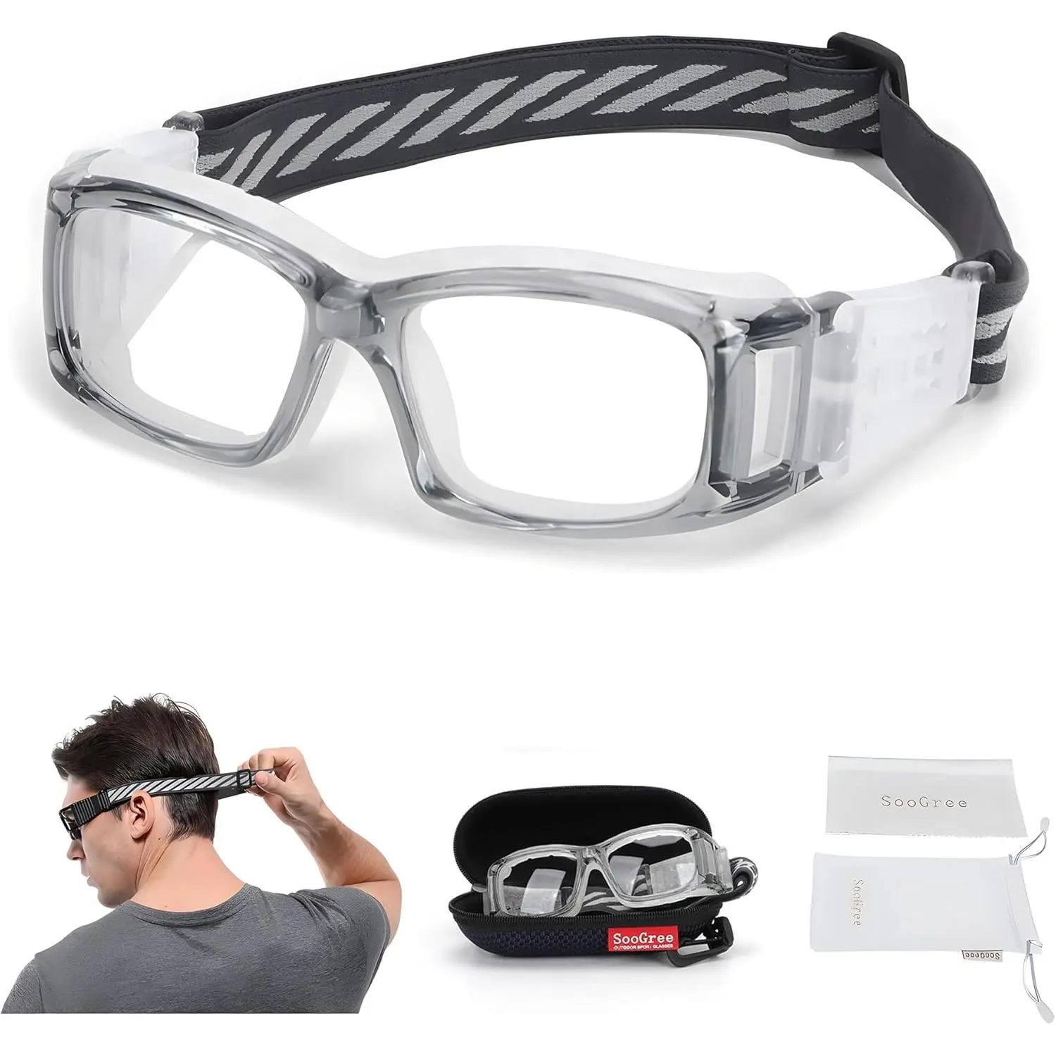 Men's Ergonomic Basketball Protective Goggles - Polycarbonate, Impact-Resistant Outdoor Sport Goggles with Soft Gel, Adjustable Strap, Transparent Lenses, 5.9in(w)x1.69in(h) Wrap Around Sunglasses for Basketball, Badminton, Male
