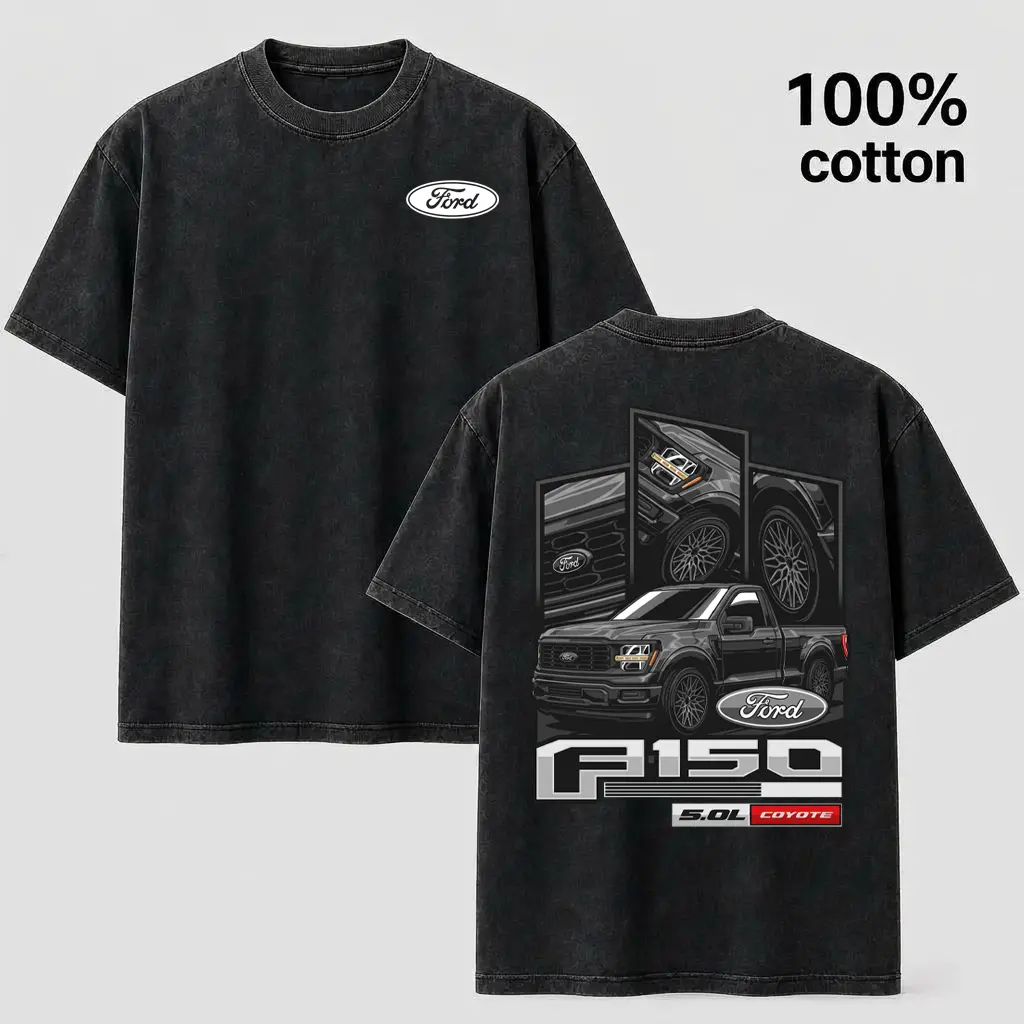 Men's Ford F-150 5.0L Coyote Graphic T-Shirt - Vintage Washed Black, Menswear Tops, Classic Casual Short-Sleeve Truck Tee, Shortsleeve, Round Neck, Graphic T Shirts, Mens Clothing, Cotton, Black-Acid Wash Oversized Tshirt