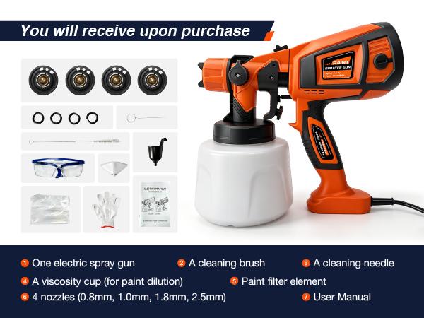FURRELOR HVLP Sprayer Set - 850W Handheld Electric Paint Sprayer, 1400ml/47oz, 4 Nozzles, 3 Patterns, Adjustable Flow Knob, Viscosity Check Cup, Gloves & Goggles, Beginner-Friendly for DIY Home Painting (Doors, Orange), Adjustable Paint Sprayer, Handheld
