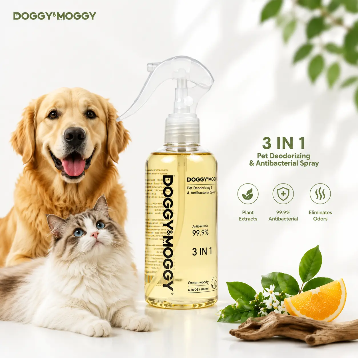 DOGGY&MOGGY Pet Deodorizing Mist Spray Bottle - Enzyme-Powered Animal Odor Eliminator Colognes & Finishing Sprays, Litter Box Cleaner, 200ml Natural Plant Extract Formula for Urine Cleaning, Pet-Safe