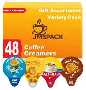 JMSPACK Variety Pack Creamers Liquid Creamer Singles Gift Assortment Box 48ct 4 Different Flavors French Vanilla Hazelnut Caramel Macchiato Half and Half for Home Office Coffee Bar Gift