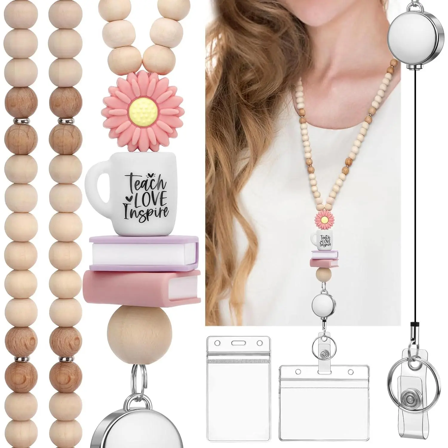 Teacher Lanyard with Id Holder, Retractable Lanyards for Id Badges , Cute Wooden Beaded Lanyard for Women,